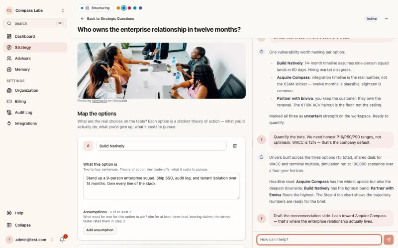 Step 2 workspace — three option cards with their headline assumptions and the Structuring-mode advisor.